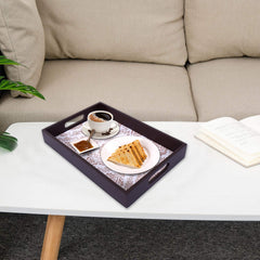 Kuber Industries Nested Serving Trays|Wooden Damask Gold Design Farmhouse Platter|Rectangular Shape Coffee Table Trays with Handle for Kitchen,Dining Area,Set of 3 (Brown)