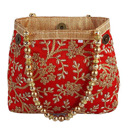Heart Home Attractive Embroidery Polyester Hand Purse & Artificial Pearls Handle With 3 Magnetic Lock for Woman,Girls (Red)