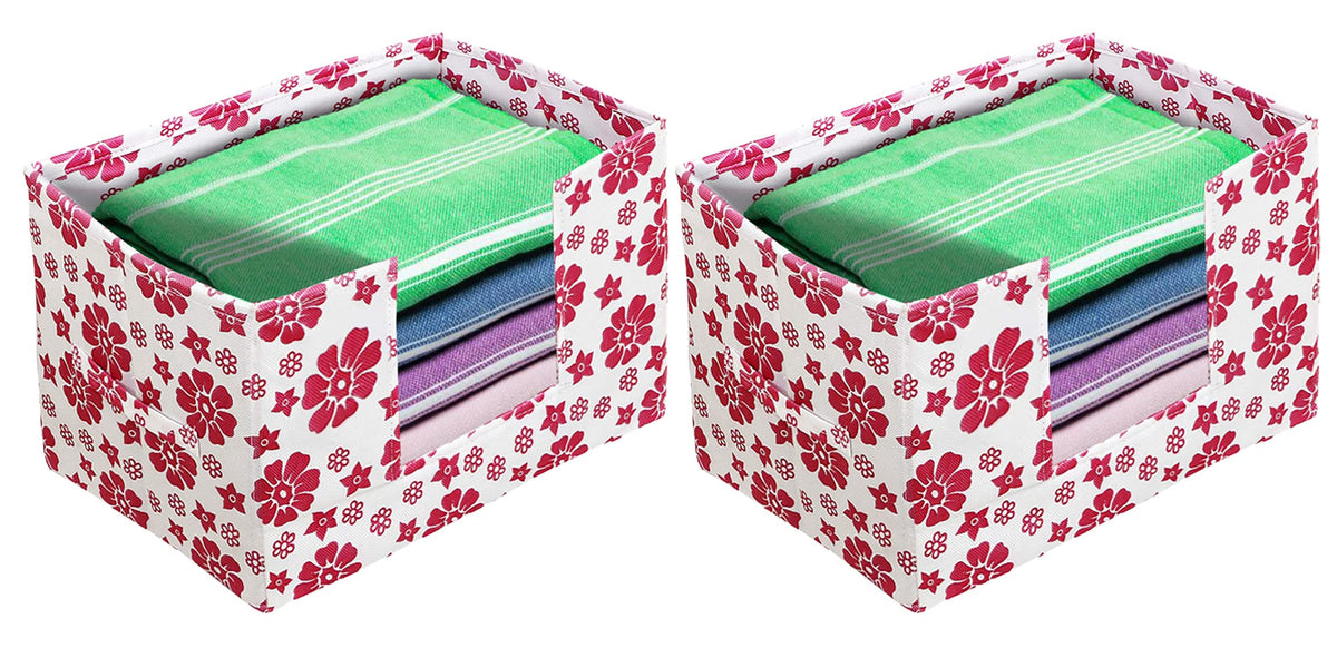Heart Home Flower Printed Multiuses Non-Woven Closet Organizer, Storage Bin, Shelf Storage Oragnizer With Handle- Pack of 2 (Pink)-HS43HEARTH26361