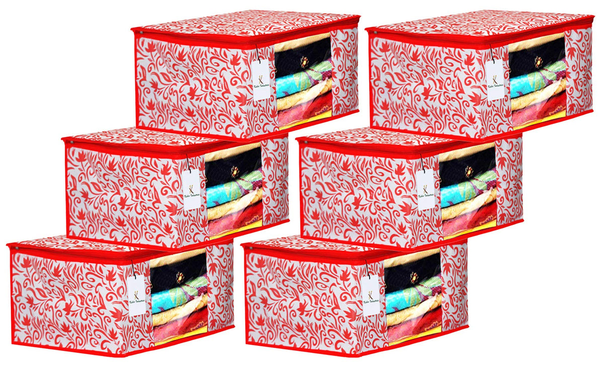 Kuber Industries Leaf Design 6 Piece Non Woven Fabric Saree Cover Set with Transparent Window, Extra Large, Red-CTKTC031917