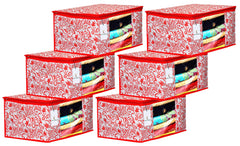 Kuber Industries Leaf Design 6 Piece Non Woven Fabric Saree Cover Set with Transparent Window, Extra Large, Red-CTKTC031917