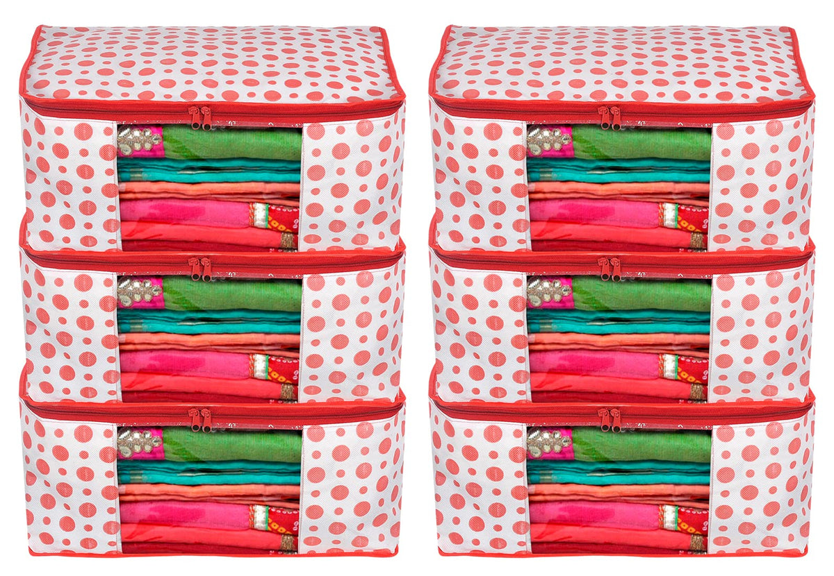 Kuber Industries Dot Printed Non-Woven Saree Cover, Cloth Organizer, Wardrobe Organiser With Tranasparent Window- Pack of 6 (Pink)-46KM0484