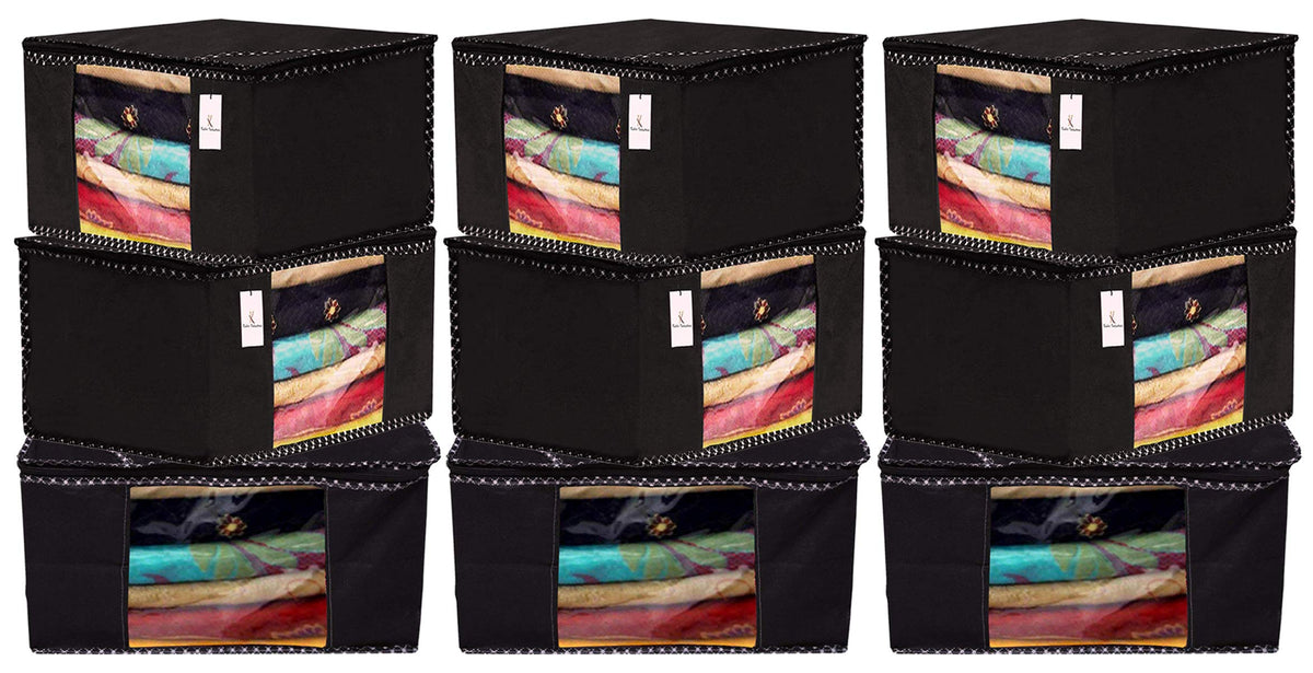 Kuber Industries 9 Pieces Non Woven Fabric Saree Cover/Clothes Organiser for Wardrobe Set with Transparent Window, Extra Large (Black)-KUBMART2784
