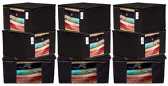 Kuber Industries 9 Pieces Non Woven Fabric Saree Cover/Clothes Organiser for Wardrobe Set with Transparent Window, Extra Large (Black)-KUBMART2784