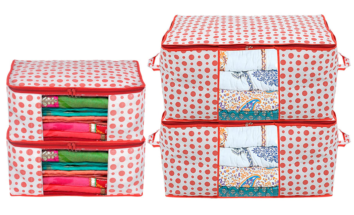 Kuber Industries Dot Printed Multiuses Non-Woven 2 Saree Cover & 2 Underbed Storage Bag/Organizer Set With Tranasparent Window, Set of 4 (Pink)-46KM0611