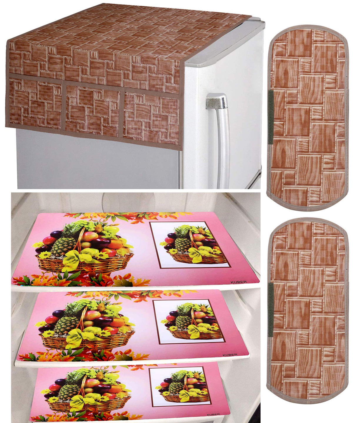 Kuber Industries Fruit Basket Design 3 Pieces PVC Fridge Mats,Wooden Checkered 2 Piece Handle Cover and 1 Piece Fridge Top Cover (Brown) - CTKTC039869