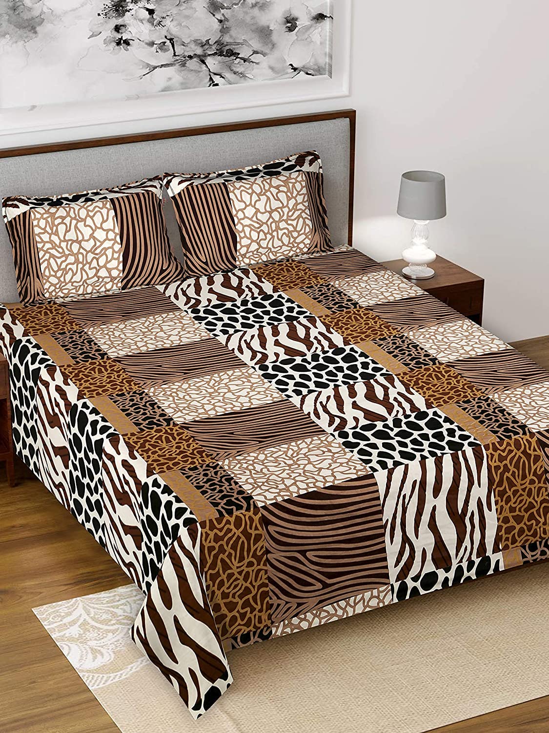 Kuber Industries Leaf Print Glace Cotton Double Bedsheet with 2 Pillow Covers (Brown) (KUBMART011368)
