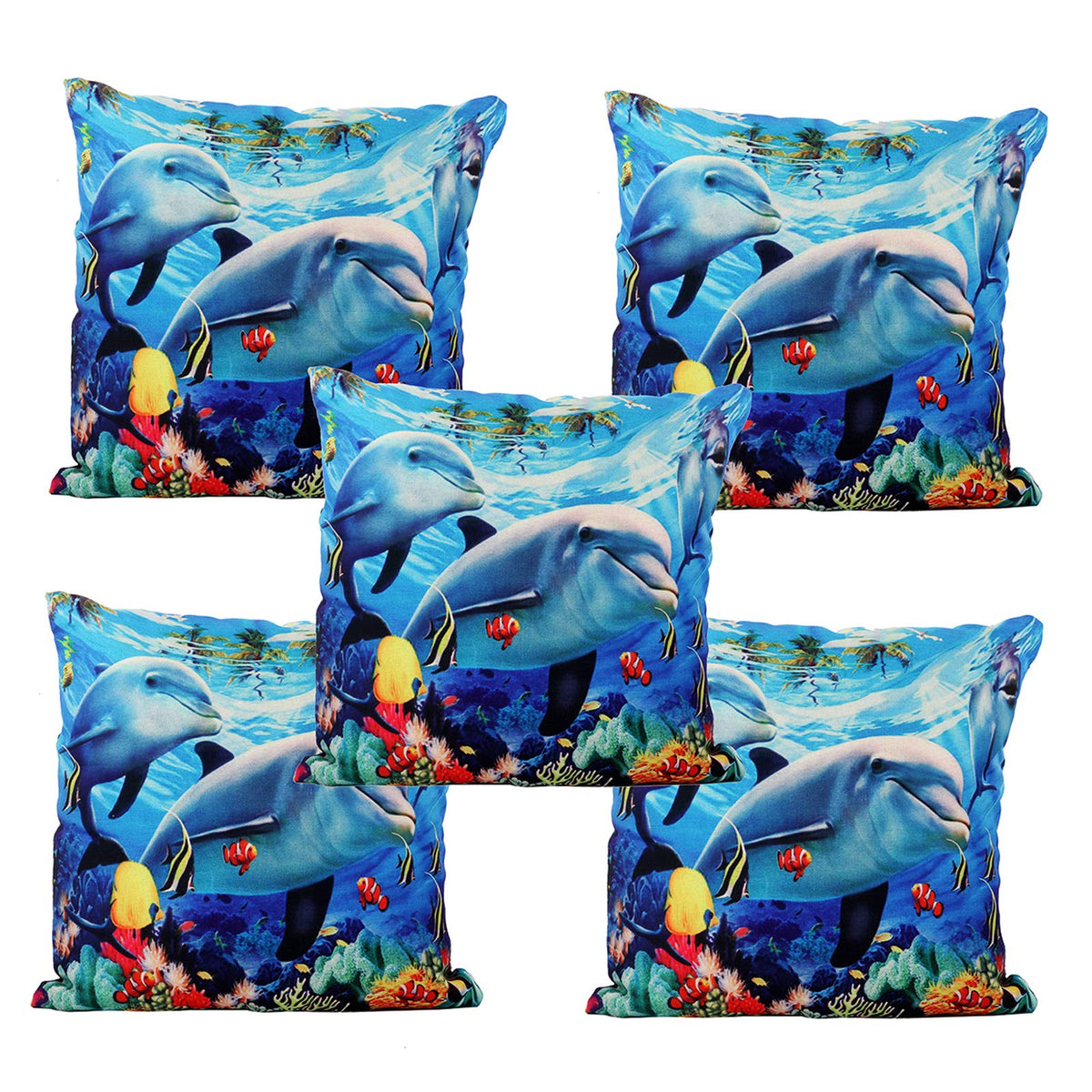 Kuber Industries Fish Design 5 Pieces Cotton Cushion Cover - 16"x16"(Blue)