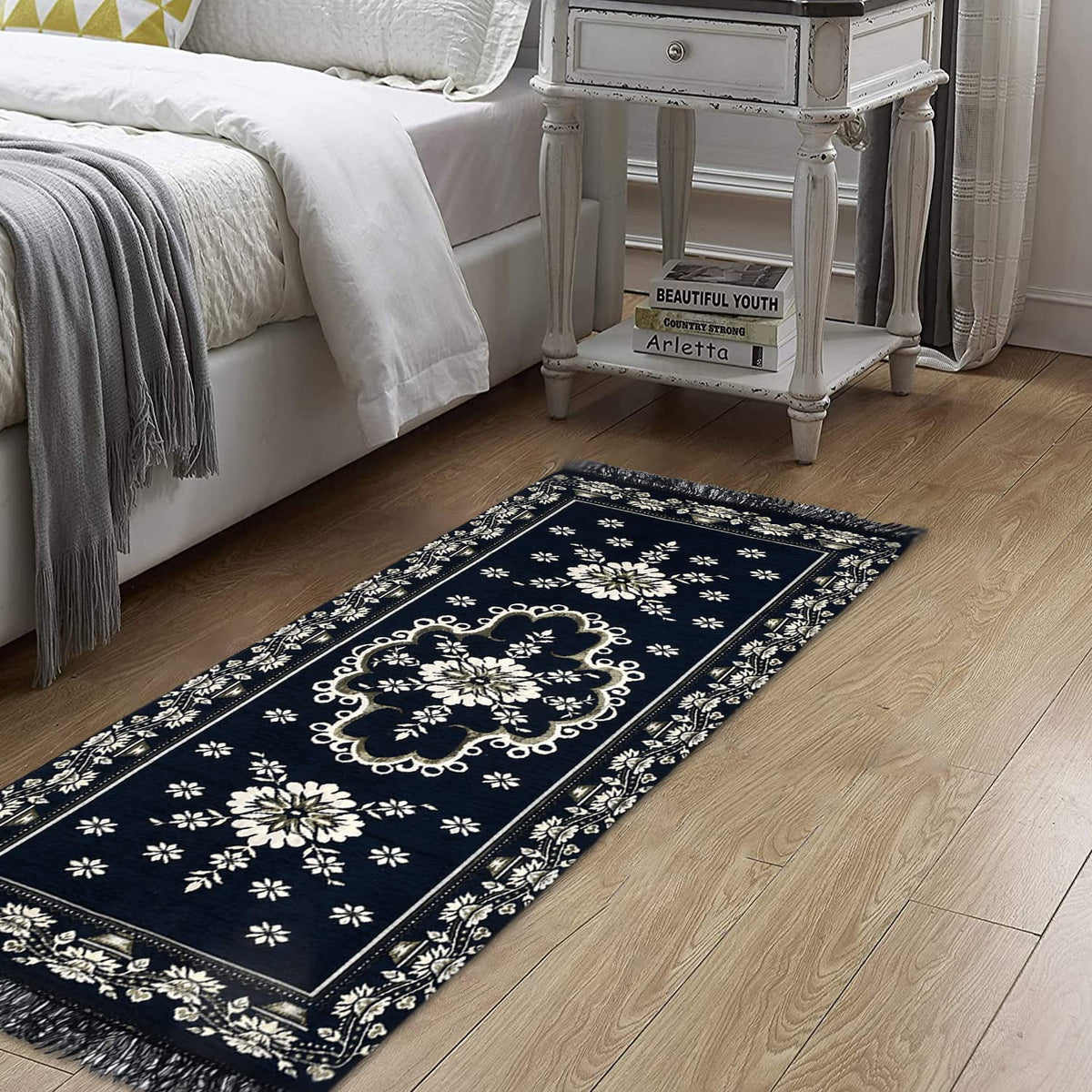 Kuber Industries Flower Print Rug Bedside Runner for Home Décor 4X2 Ft. (Blue)