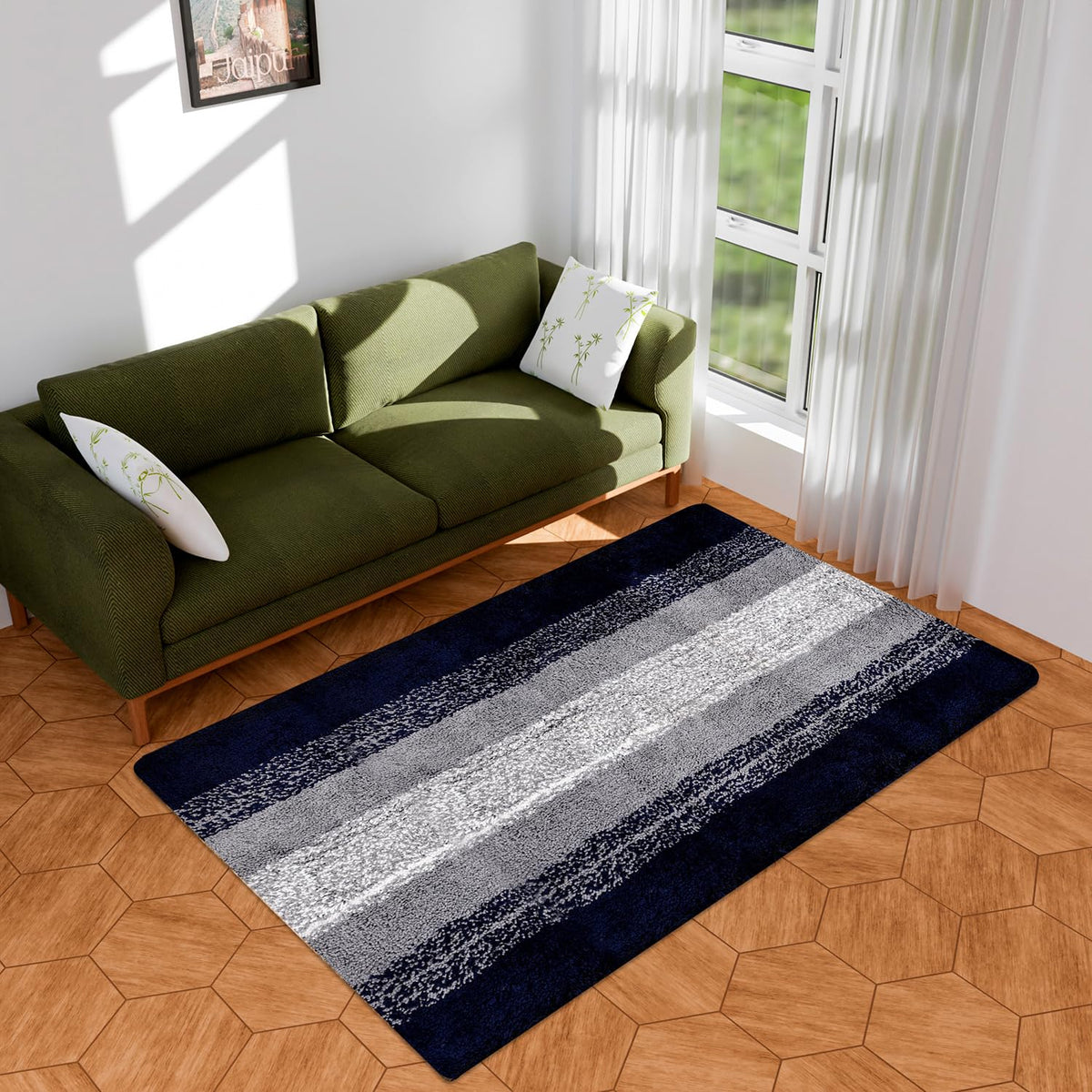 Heart Home Carpet | Shaggy Carpet for Living Room | Fluffy Carpet for Bedroom | Blue Patta Rainbow Carpet | Floor Carpet Rug | Non-Slip Bedside Rug | 3x5 Feet | Gray