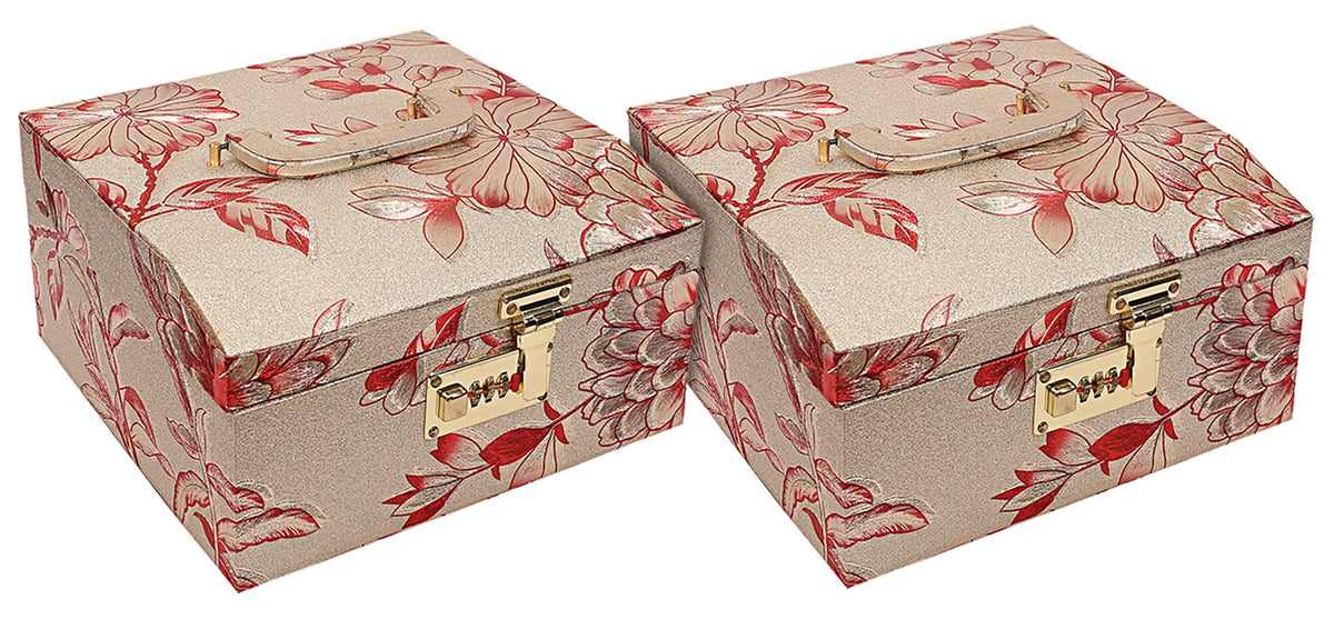 Kuber Industries Circle Design Wooden Jewellery Box/Organizer For Storing Makeup, Jewellery, Bangles, Cosmetics & Toiletries Items With 2 Bangle Rod, Mirror & Number Lock System (Gold)-47KM0541