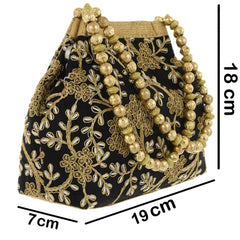 Heart Home Attractive Embroidery Polyester Hand Purse & Artificial Pearls Handle With 3 Magnetic Lock for Woman,Girls (Black)