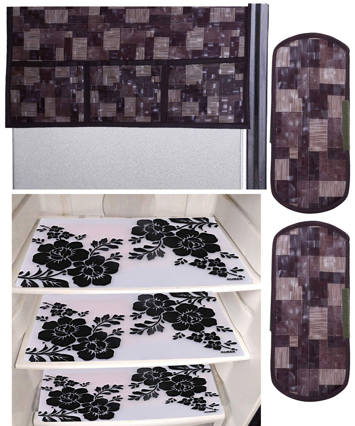 Kuber Industries Flower Design 3 Pieces PVC Fridge Mats,2 Piece Handle Cover and 3D Checkered Design 1 Piece Fridge Top Cover (Brown) - CTKTC39826
