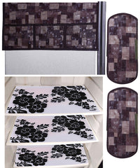 Kuber Industries Flower Design 3 Pieces PVC Fridge Mats,2 Piece Handle Cover and 3D Checkered Design 1 Piece Fridge Top Cover (Brown) - CTKTC39826