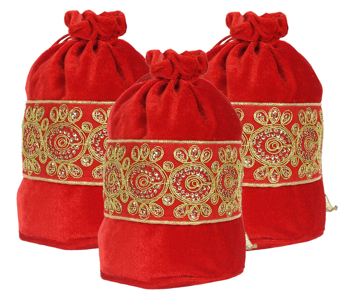 Kuber Industries Embroidered Design Drawstring Potli Bag Party Wedding Favor Gift Jewelry Bags-Pack of 3 (Red)