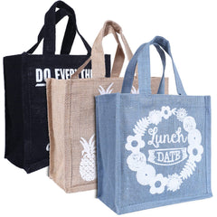 Kuber Industries Lunch Bag|Reusable Jute Fabric Tote Bag|Durable & Attractive Print Tiffin Carry Hand Bag with Handle for Office,School,Gift,Pack of 3 (Multicolor)
