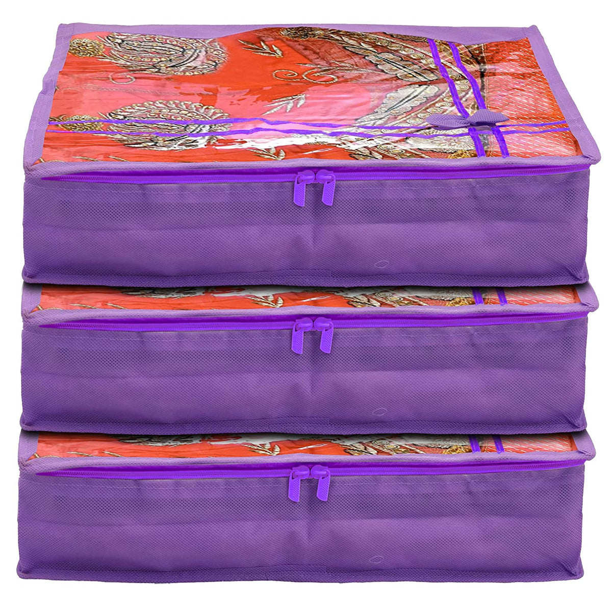 Heart Home Non-Woven Single Saree Cover With Tranasparent Top- Pack of 3 (Purple)-44HH0335