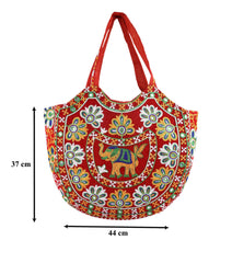 Kuber Industries Multiuses Velvet Floral Design Hand Bag/Tote Bag For Daily Trips, Travel, Office Pack of 2 (Red) 52KM3991