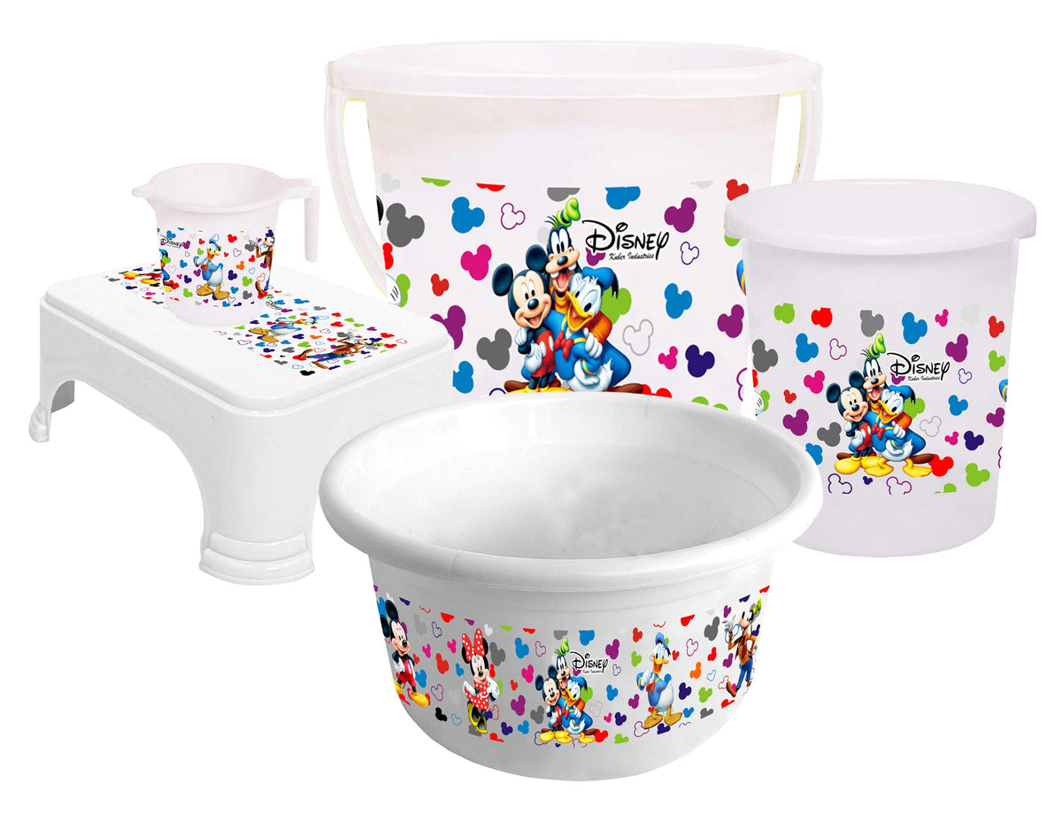 Kuber Industries Disney Team Mickey Print Plastic Bathroom Set of 5 Pieces with Bucket, Tub, Stool, Dustbin & Mug (Cream)-KUBMARTS15273 -HS_35_KUBMARTS17523