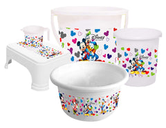 Kuber Industries Disney Team Mickey Print Plastic Bathroom Set of 5 Pieces with Bucket, Tub, Stool, Dustbin & Mug (Cream)-KUBMARTS15273 -HS_35_KUBMARTS17523
