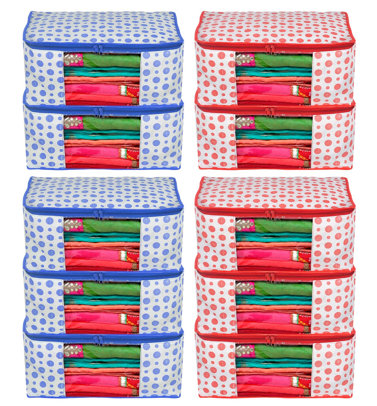 Kuber Industries Dot Printed Non-Woven Saree Cover, Cloth Organizer, Wardrobe Organiser With Tranasparent Window- Pack of 10 (Blue & Pink)-46KM0514