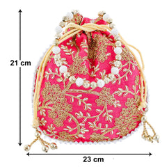 Kuber Industries Embroidery Drawstring Potli|Hand Purse with Gold Pearl Border & Handle for Woman,Girls (Pink)