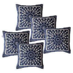 Heart Home Cushion Cover | Sofa Cushion Covers | Embossed Square Cushion Covers | Jute Cushion Covers | Flower Print Couch Cushion Covers | Set of 5 | 16 Inch | Blue