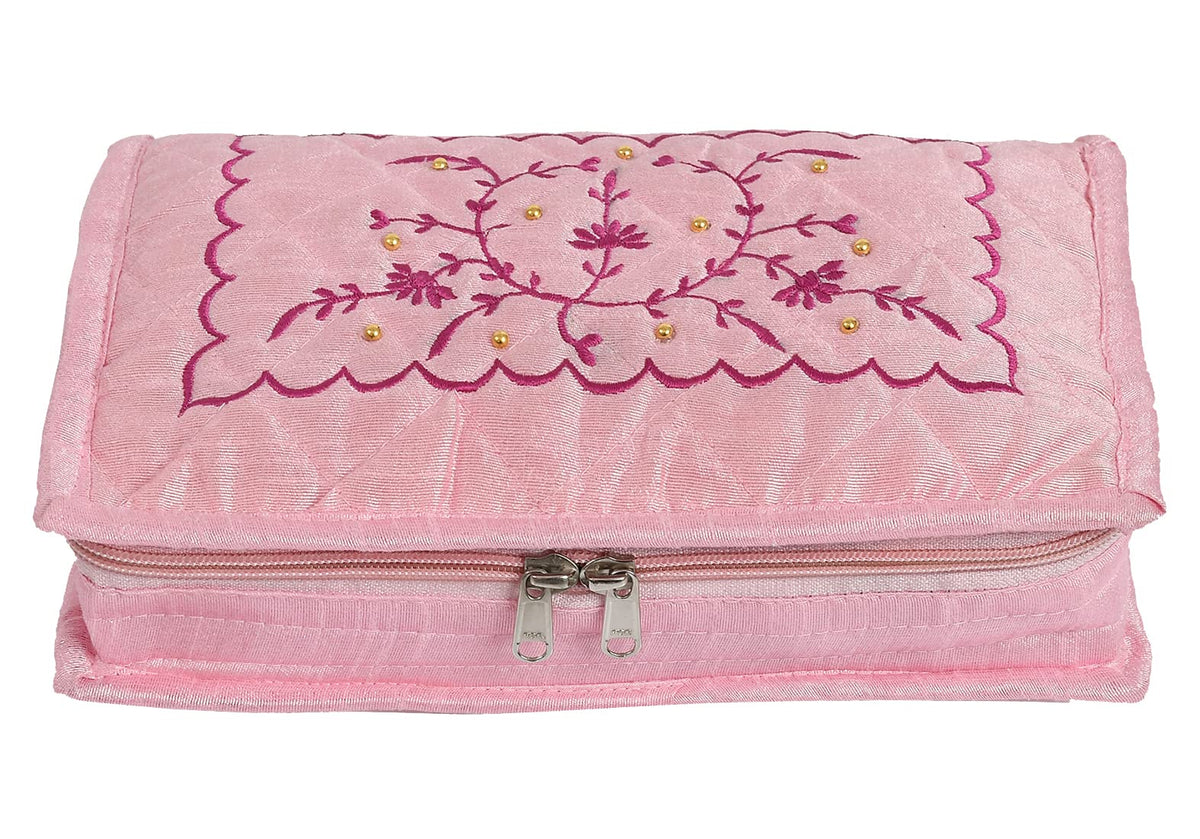 Kuber Industries Embroidery Design Portable Jewellery Organizer With 6 Tranasparent Pockets For Keeps Your Jewellery,Earrings, Pendants Organized And Secure (Pink)