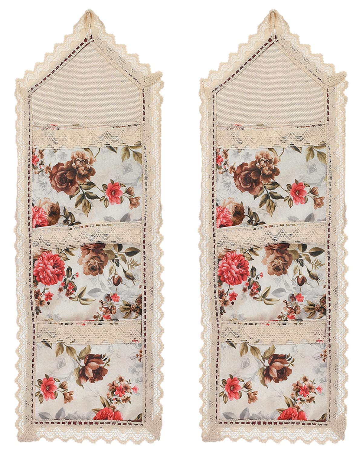 Heart Home Flower Printed Multiuses 3 Pockets Wall Hanging Storage Organizer/Holder For Home- Pack of 2 (Cream & Red)-50HH01177