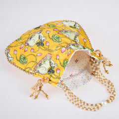 Heart Home Potli|Silk Wedding Potli|Wallet Potli|Christmas Gift Potli|Baby Shower Potli|Traditional Shagun Potli|Drawstring with Beads Handle Potli|Cow-Design Patli Potli|Pack of 3|Yellow