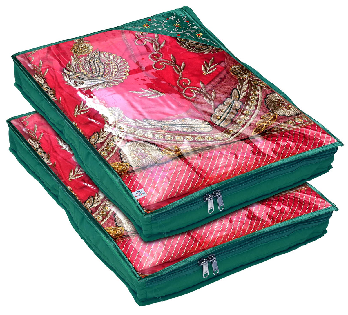 Heart Home Embroidery Design Non Woven 3" inch Saree Cover With Transparent Top- Pack of 2 (Green)