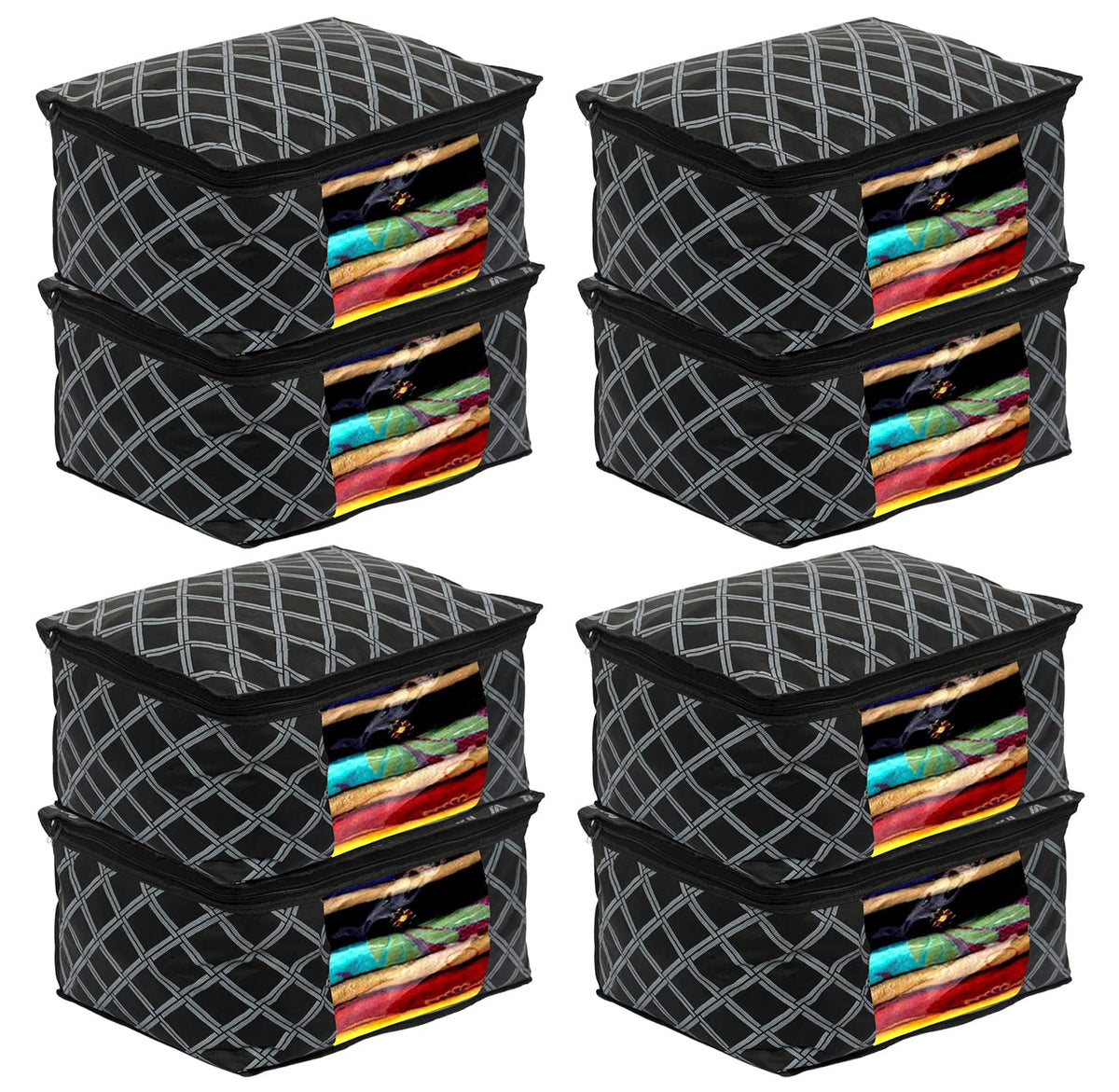 Kuber Industries Check Print Non-Woven Foldable Saree Cover|Clothes Storage For Saree, Lehenga, Suit With Top Transparent Pack of 8 (Black)
