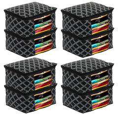 Kuber Industries Check Print Non-Woven Foldable Saree Cover|Clothes Storage For Saree, Lehenga, Suit With Top Transparent Pack of 8 (Black)