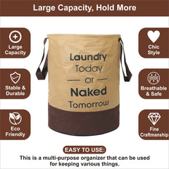 Kuber Industries Waterproof Round Non Wovan Laundry Bag/Hamper|Metalic Printed With Handles|Foldable Bin & 45 Liter Capicity|Size 37 x 37 x 49, Pack of 1 (Beige & Brown)-KUBMART11450