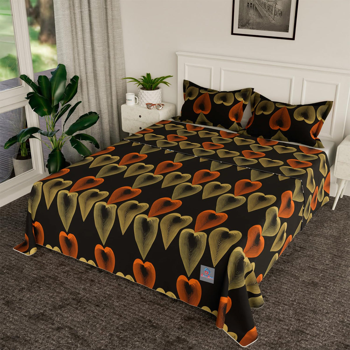 Heart Home Bedsheet | Cotton Double Bedsheet with 2 Pillow Covers | 144 TC Heart Design Bedsheet for Bedroom | Bedsheet for Living Room | 90x100 Inch | Black
