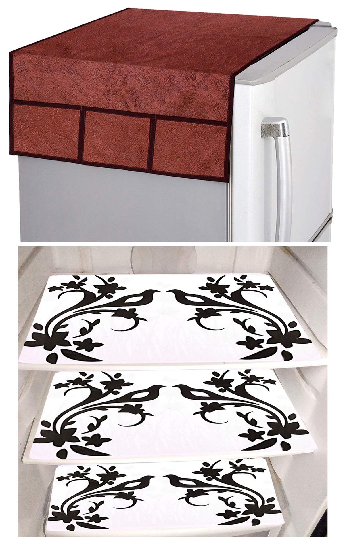 Kuber Industries Birds Design 3 Pieces PVC Fridge Mats and 1 Piece Fridge Top Cover (Maroon) - CTKTC039640