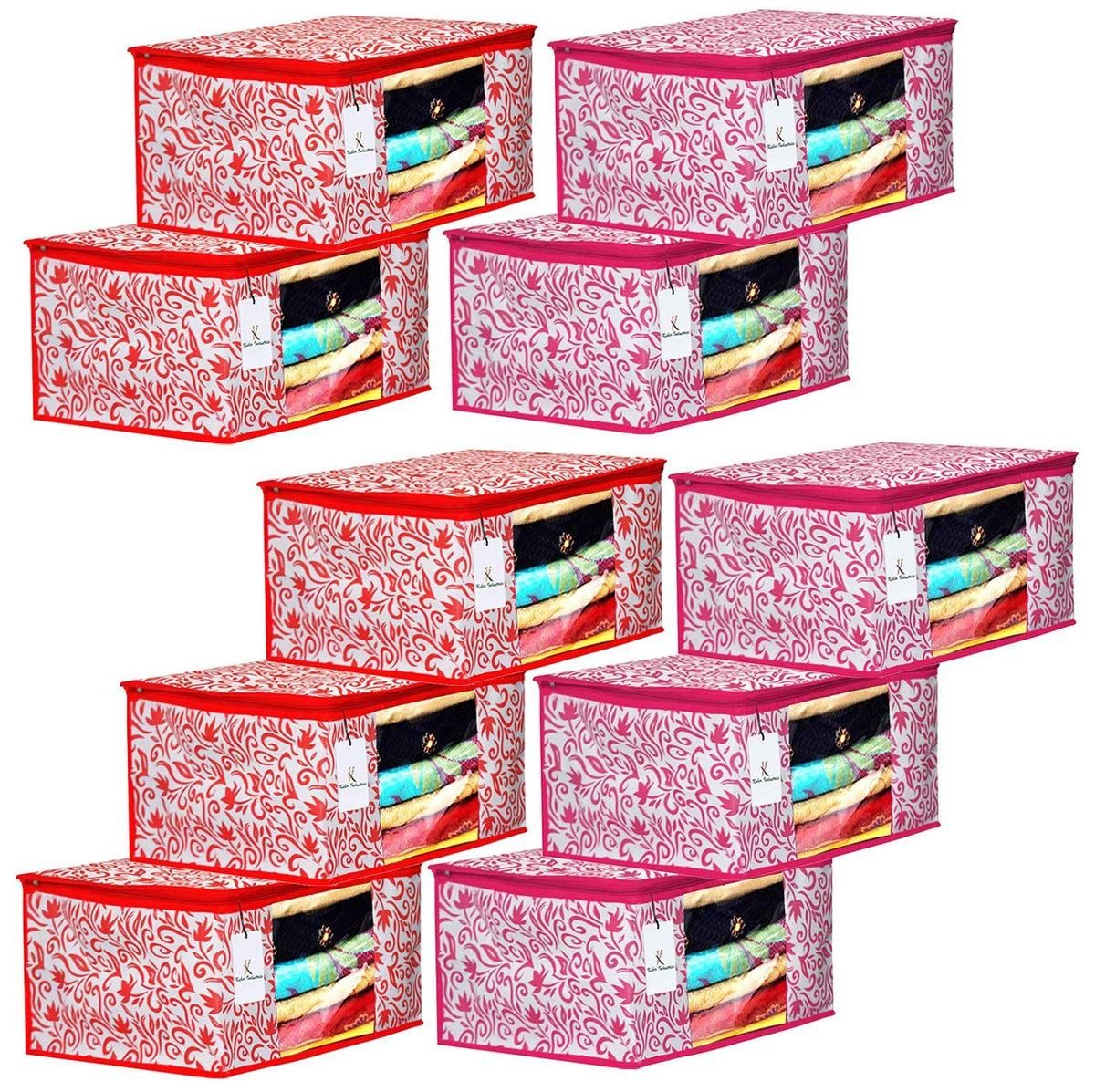 Kuber Industries Leaf Design 10 Piece Non Woven Fabric Saree Cover Set with Transparent Window, Extra Large, Red & Pink -CTKTC40953