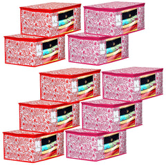 Kuber Industries Leaf Design 10 Piece Non Woven Fabric Saree Cover Set with Transparent Window, Extra Large, Red & Pink -CTKTC40953