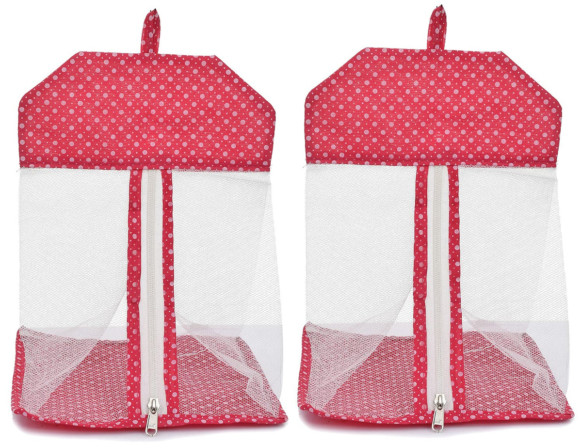 Kuber Industries Dot Printed Cotton Hanging Mesh Clothes Bag, Organizer For Store Socks, Underwear, Clothespins,Gadget,Cosmetic,Garlic,Onion With Zipper & Hanging Loop- Pack of 2 (Pink)