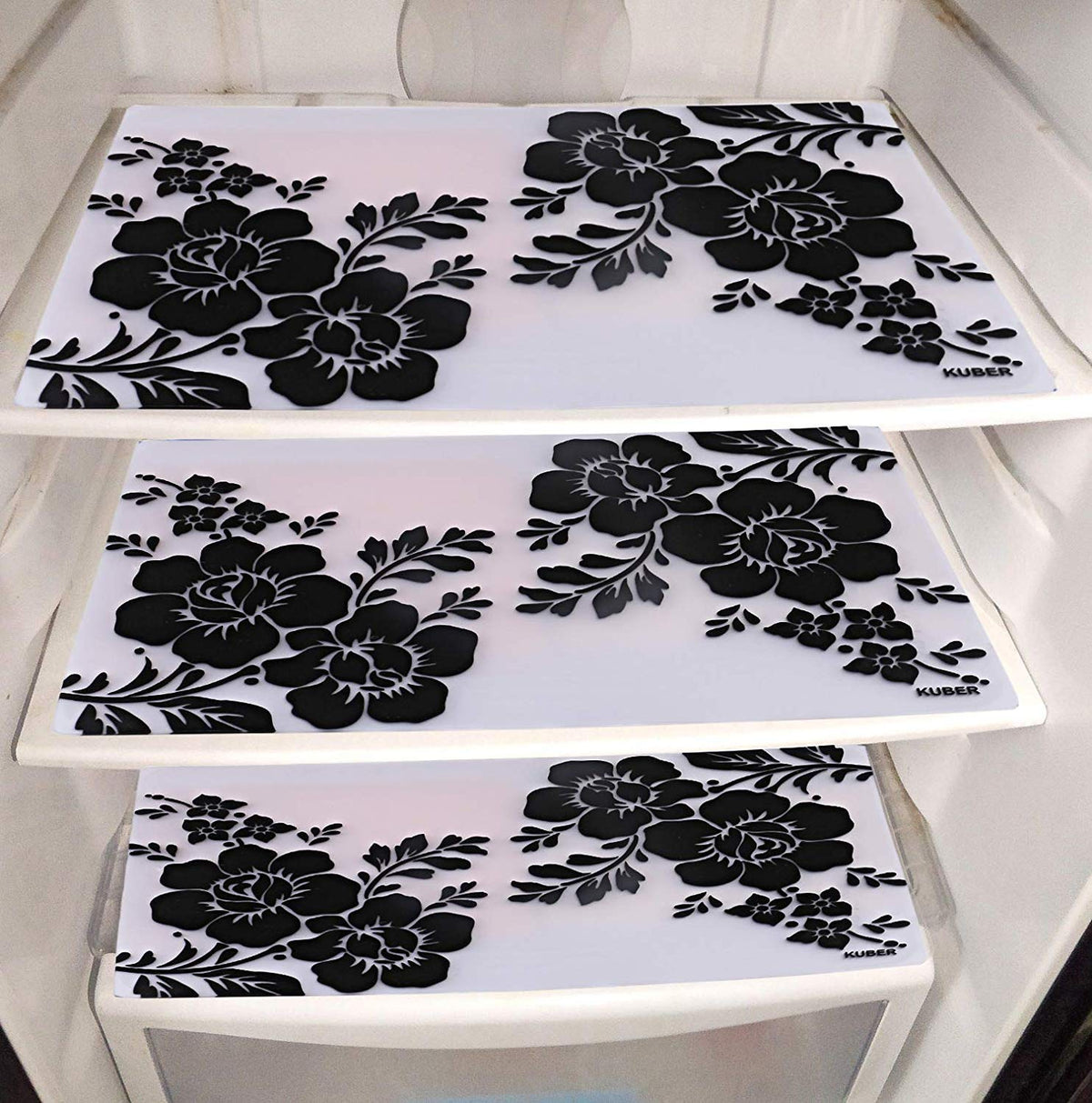 Kuber Industries Flower Design 3 Pieces PVC Refrigerator/Fridge Multipurpose Drawer Mat Set(Black & White)-CTKTC032696