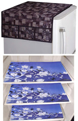 Kuber Industries Flower Design 3 Pieces PVC Fridge Mats and 3D Checkered Design 1 Piece Fridge Top Cover (Brown) - CTKTC039739