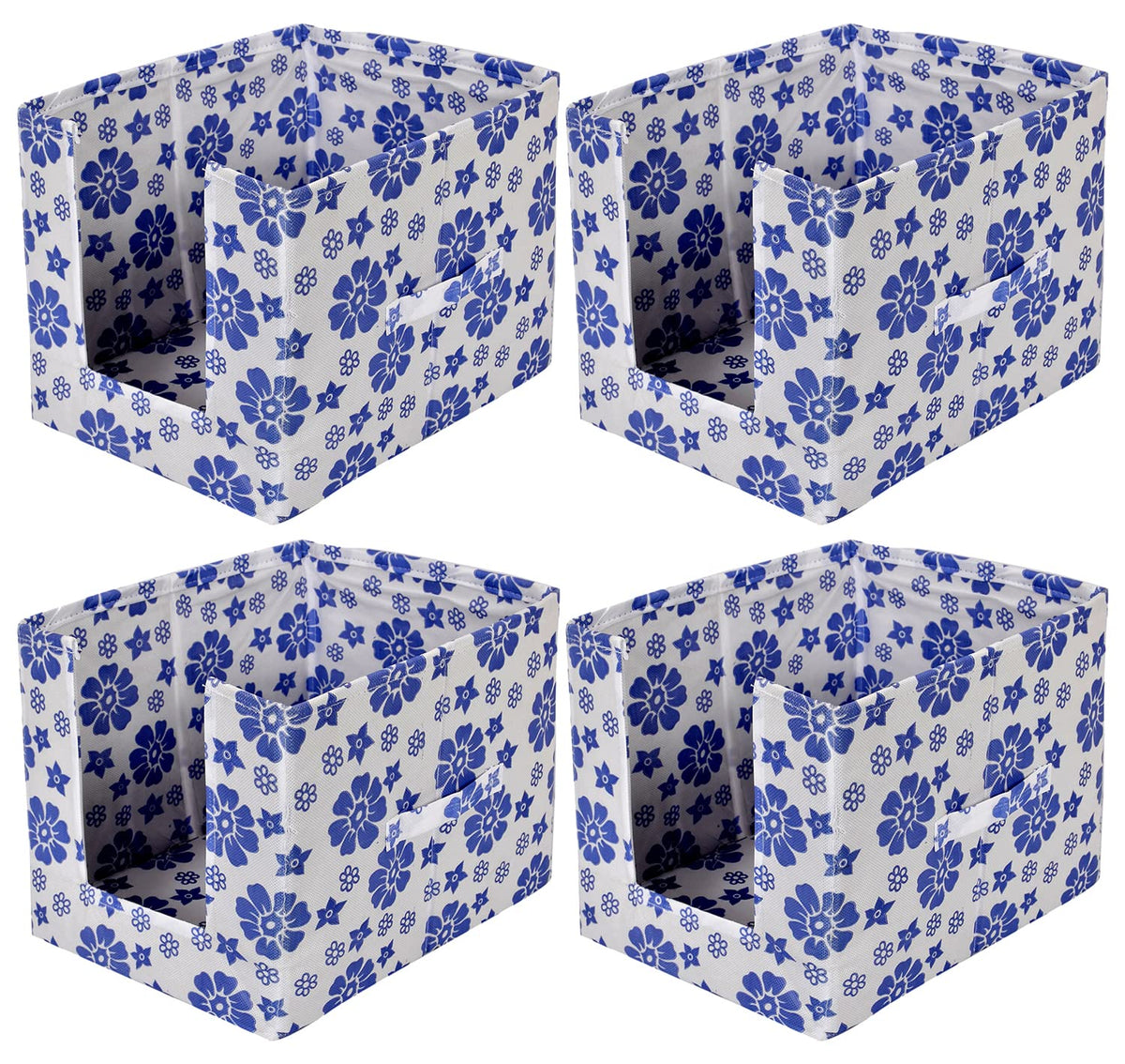 Heart Home Flower Printed Multiuses Non-Woven Closet Organizer With Handles- Pack of 4 (White & Blue) -HS43HEARTH26503