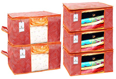 Kuber Industries Laheriya Printed Non Woven 3 Pieces Saree Cover and 2 Pieces Underbed Storage Bag, Cloth Organizer for Storage, Blanket Cover Combo Set (Orange) -CTKTC038693