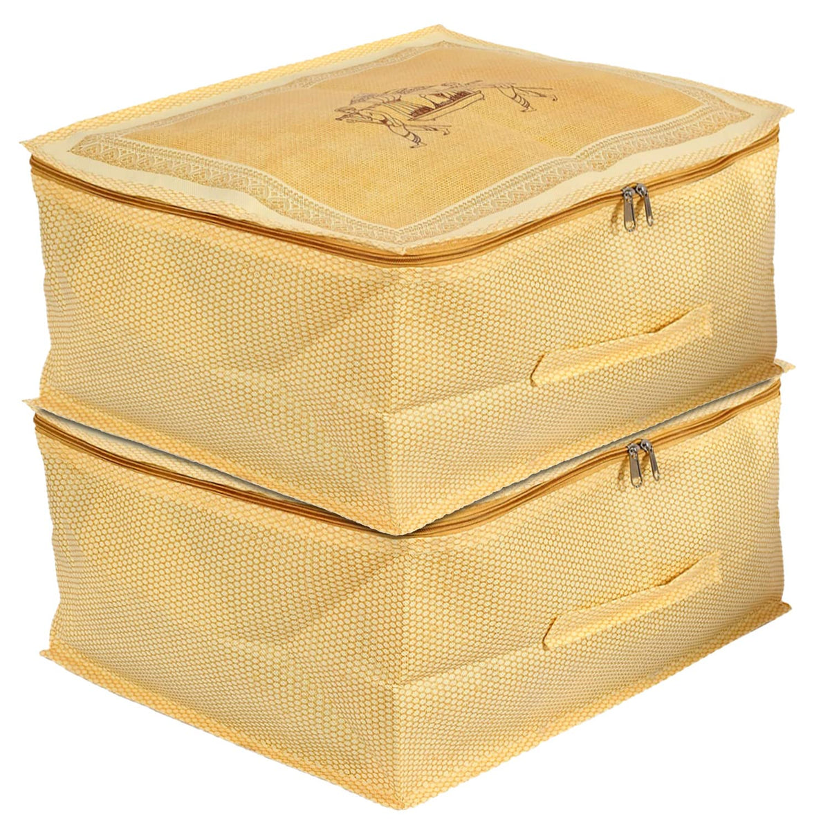 Kuber Industries Doli Printed Non-woven Foldable Underbed/Storage Bag/Wardrobe Organizer,Pack of 2 (Gold) 54KM4295