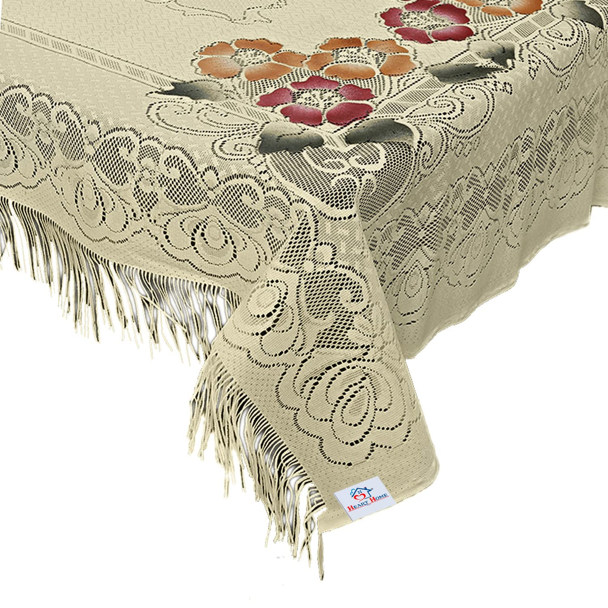Heart Home Flower Printed Home Decorative Luxurious 4 Seater Cotton Center Table Cover/Table Cloth with Jhalar Border, 40"x60" (Cream)-44HH0116
