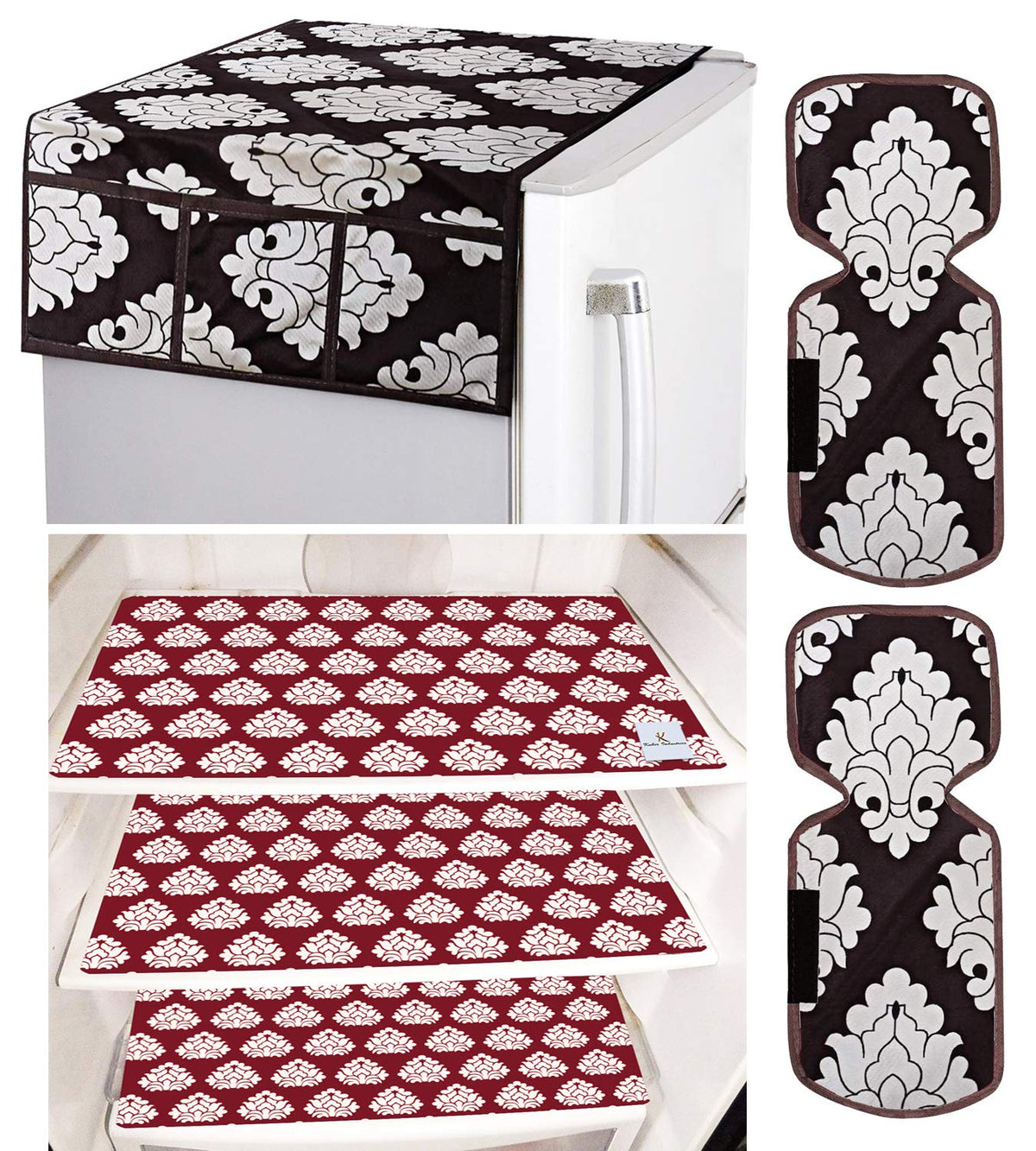 Kuber Industries Flower Design 3 Pieces PVC Fridge Mats,2 Piece Handle Cover and 1 Piece Fridge Top Cover (Brown) CTKTC33668