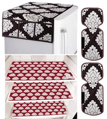 Kuber Industries Flower Design 3 Pieces PVC Fridge Mats,2 Piece Handle Cover and 1 Piece Fridge Top Cover (Brown) CTKTC33668