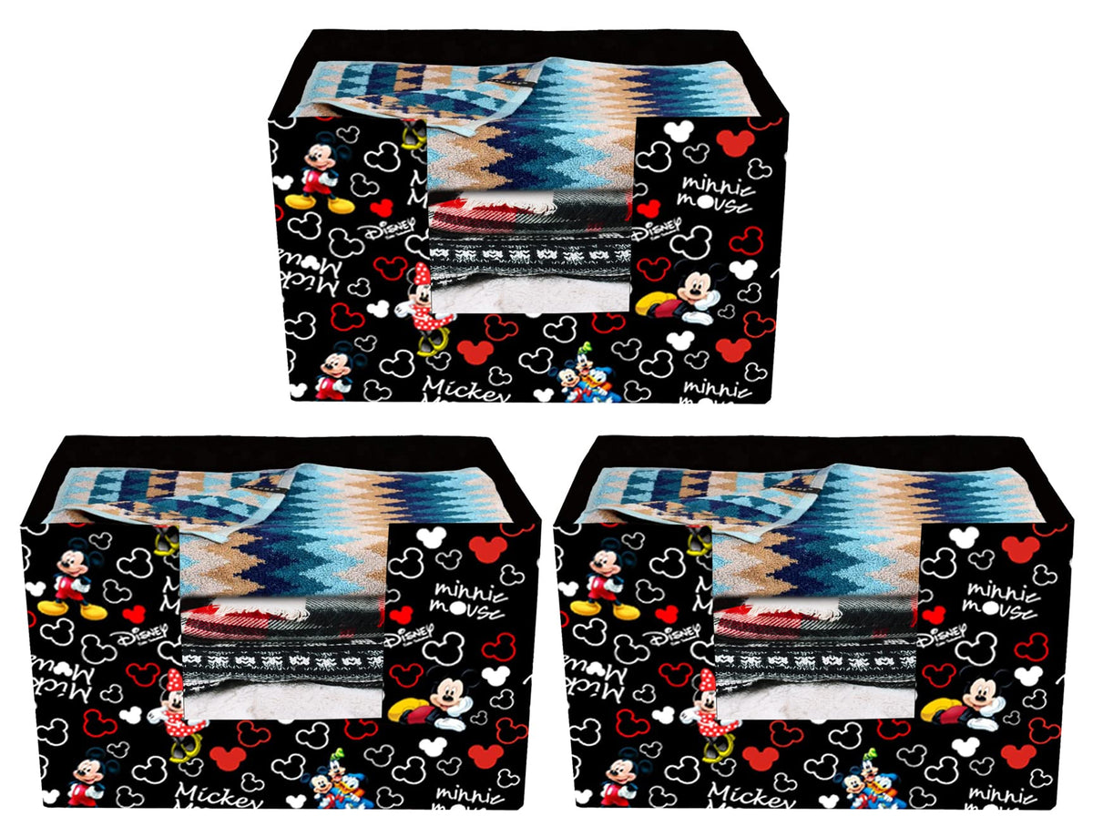 Heart Home Disney Mickey Mouse Printed Non-Woven Foldable Saree Stacker, Wardrobe Organizer, Storage Bin With Handle- Pack of 3 (Black)-HS43HEARTH26378