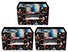 Heart Home Disney Mickey Mouse Printed Non-Woven Foldable Saree Stacker, Wardrobe Organizer, Storage Bin With Handle- Pack of 3 (Black)-HS43HEARTH26378