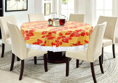 Kuber Industries Leaf Printed Waterproof Spillproof 72 Inch 6 Seater PVC Round Table Cover with Lace Border for Dining Room Kitchen Party (Gold), Standard, HS43KUBMART026595